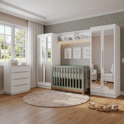 Quarto Infantil com 2 Guarda-Roupas Neo com Espelhos 2 Aéreos 1 Cômoda Branco Madesa 04