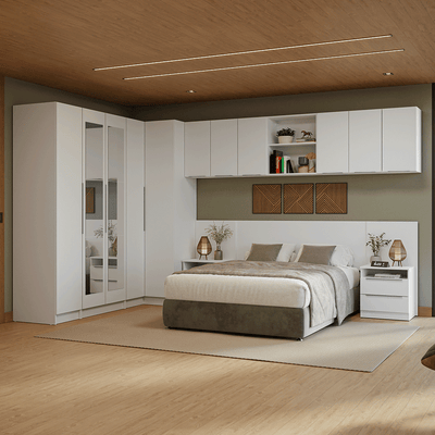 Quarto Completo Casal 580 cm Guarda-Roupa de Canto com Espelhos Branco Neo Madesa 02