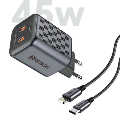 Carregador Turbo Hrebos 45W Carregamento Rápido 2 USB-C CRG-218CI com Cabo